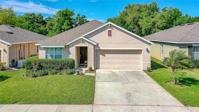 ranch-style home with central air condition unit, a front lawn, and a garage