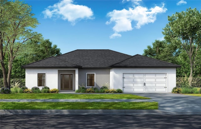 single story home featuring a front lawn, driveway, stucco siding, and an attached garage