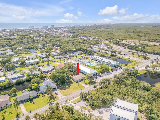 drone / aerial view featuring a water view