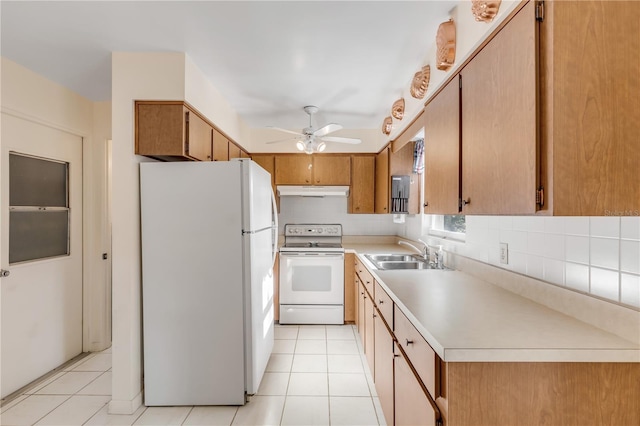 kitchen featuring ceiling fan, sink, white appliances, light tile flooring, and tasteful backsplash