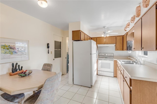 kitchen featuring backsplash, white appliances, ceiling fan, light tile flooring, and sink