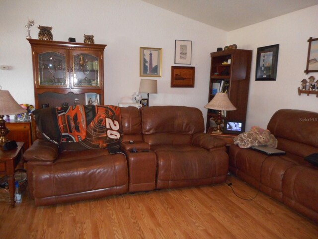 living room featuring vaulted ceiling and light wood-type flooring