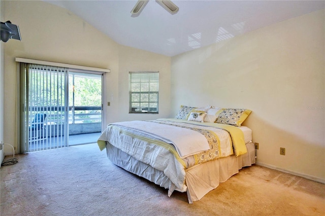 bedroom featuring lofted ceiling, a ceiling fan, baseboards, access to exterior, and carpet