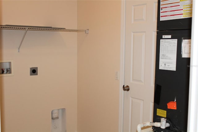 clothes washing area with hookup for an electric dryer, washer hookup, and heating unit