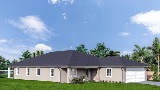 single story home with a garage and a front yard