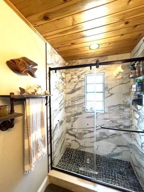 4606 Doris Dr, New Smyrna Beach, FL 32169 - bathroom with wood ceiling and a stall shower