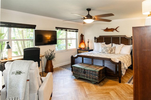 4606 Doris Dr, New Smyrna Beach, FL 32169 - bedroom featuring crown molding and ceiling fan