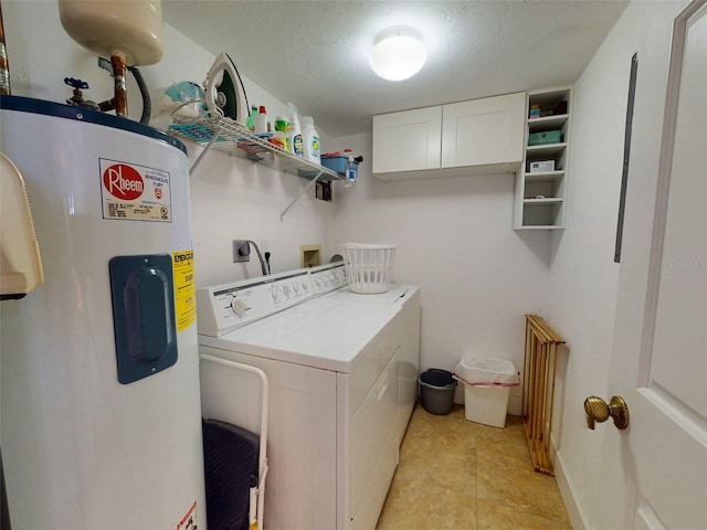 clothes washing area featuring independent washer and dryer, light tile flooring, electric water heater, hookup for a washing machine, and hookup for an electric dryer