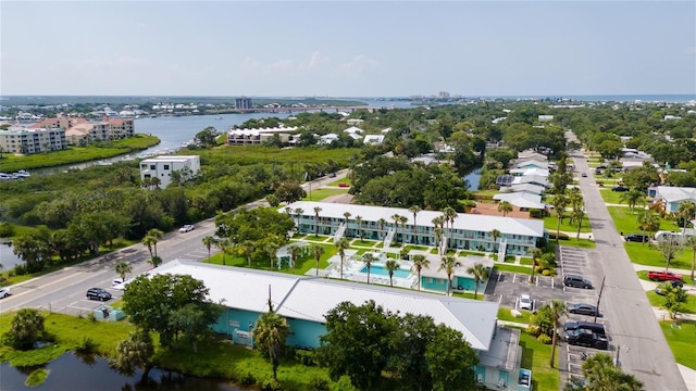 bird's eye view with a water view