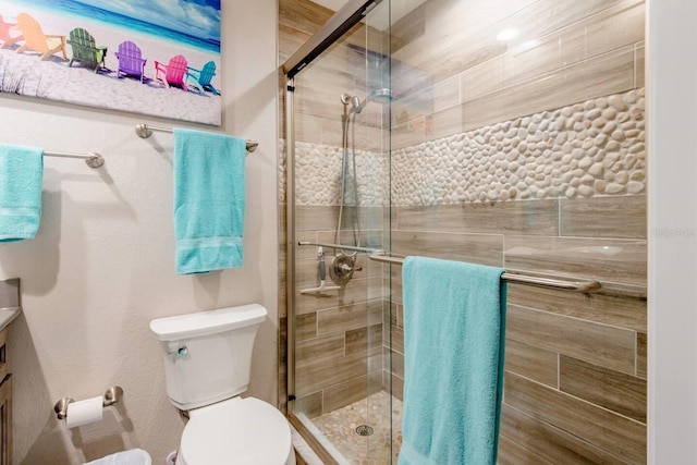 bathroom featuring a shower with door, vanity, and toilet