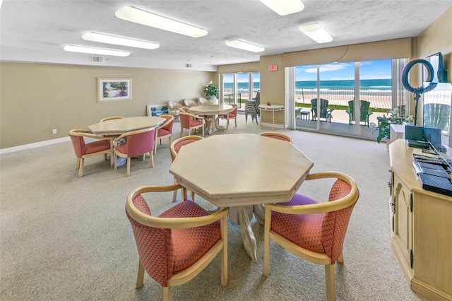 carpeted dining space with a textured ceiling