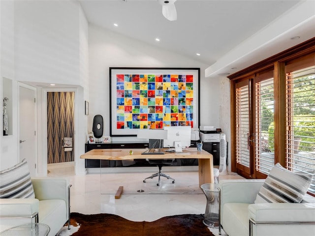 home office with high vaulted ceiling