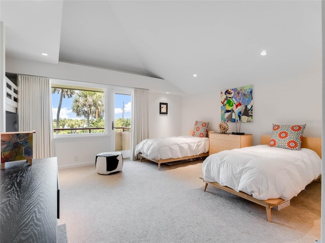 bedroom with carpet and lofted ceiling