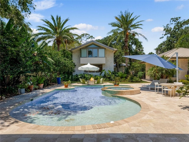 view of swimming pool with a patio area and an in ground hot tub