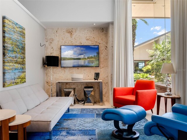 living area featuring ornamental molding