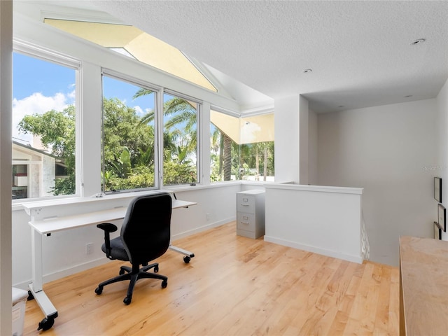 office area featuring a textured ceiling, a wealth of natural light, light hardwood / wood-style floors, and lofted ceiling