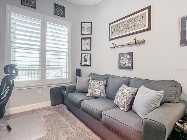 living area with baseboards and carpet