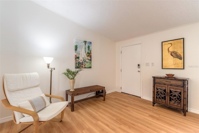 living area with light wood-type flooring and a textured ceiling