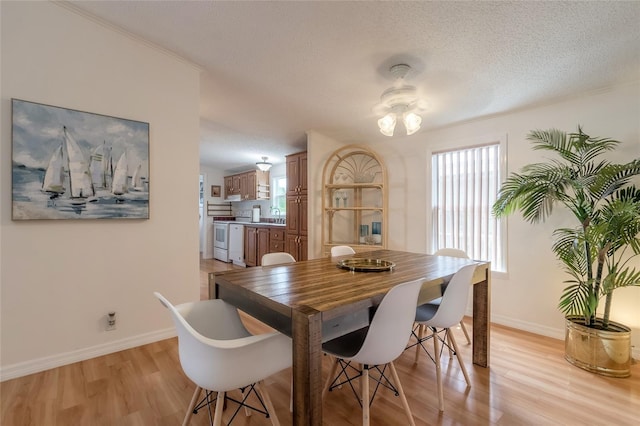 dining room with ceiling fan, light hardwood / wood-style floors, crown molding, and a textured ceiling