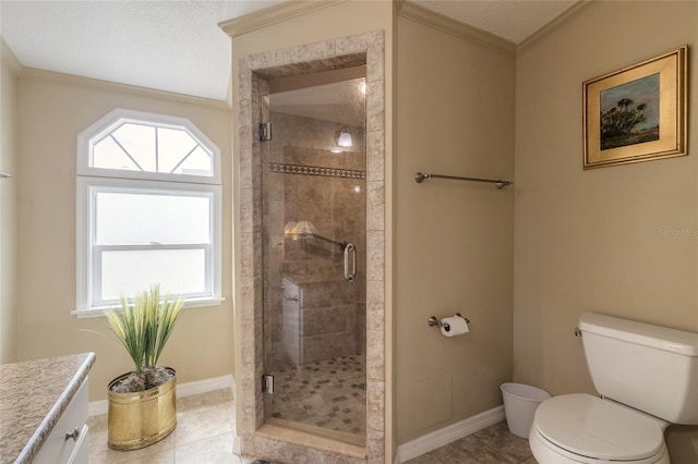 bathroom with tile patterned floors, ornamental molding, a textured ceiling, a shower with door, and toilet