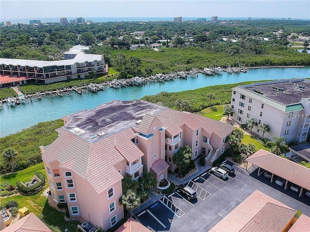 aerial view featuring a water view