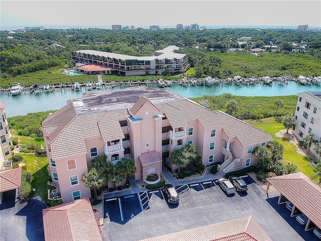 aerial view featuring a water view