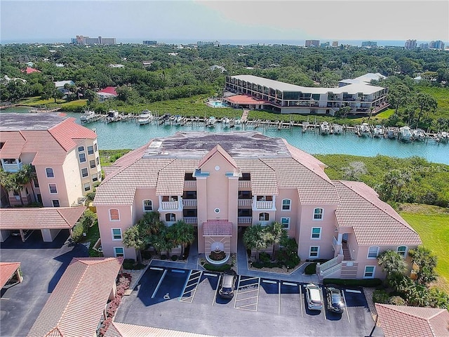 bird's eye view with a water view