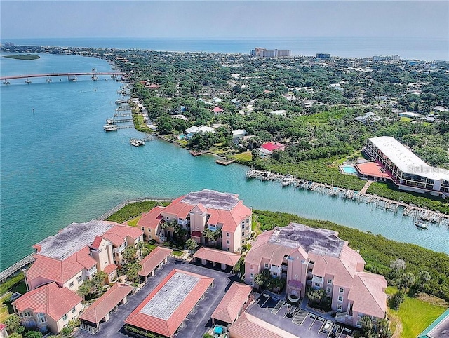 aerial view featuring a water view