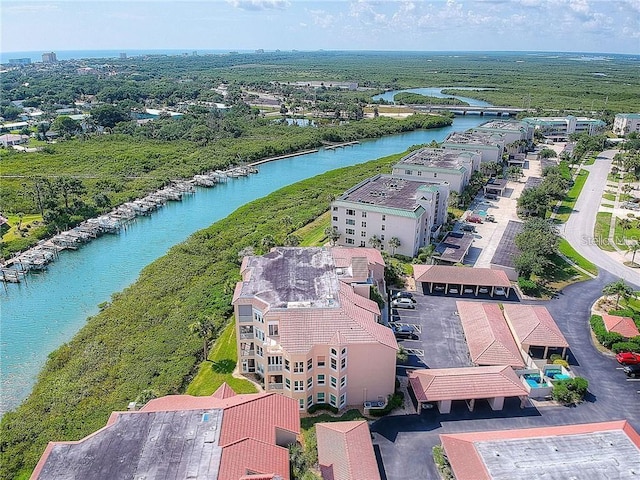 drone / aerial view with a water view