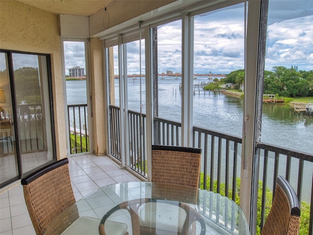 sunroom / solarium with a water view