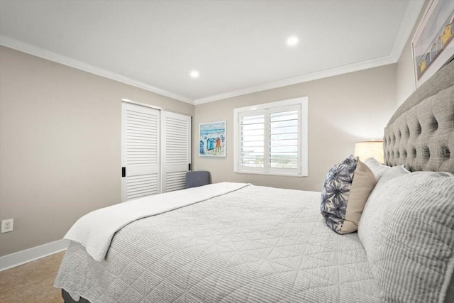 carpeted bedroom with ornamental molding