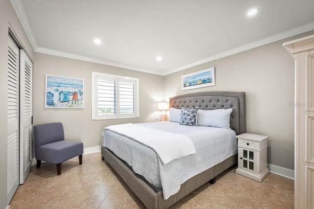 bedroom featuring crown molding, a closet, and light tile patterned floors