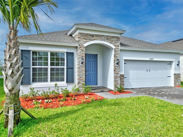 ranch-style house with a front yard and a garage