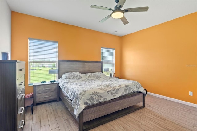 bedroom with ceiling fan and light wood-type flooring