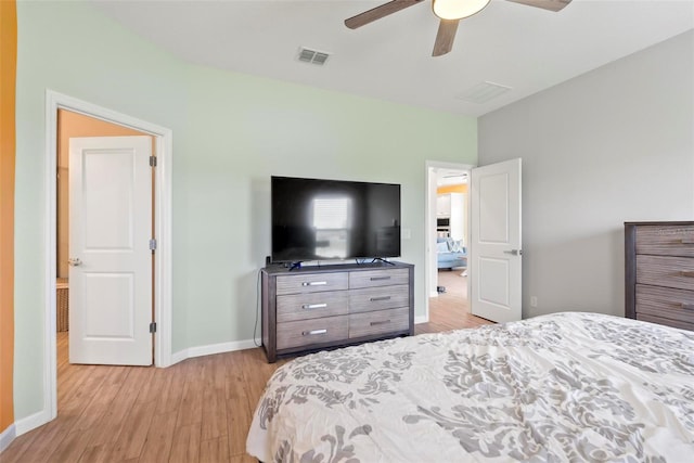 bedroom with ceiling fan and light wood-type flooring