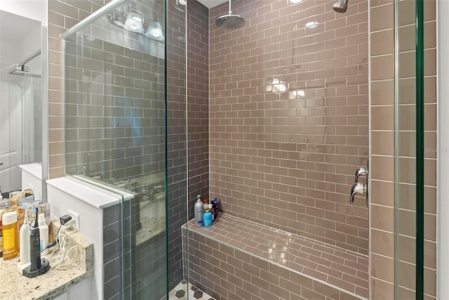 bathroom featuring a shower with shower door