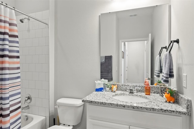 full bathroom with shower / bath combo with shower curtain, vanity, and toilet