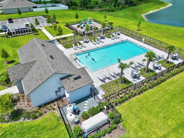 birds eye view of property featuring a water view