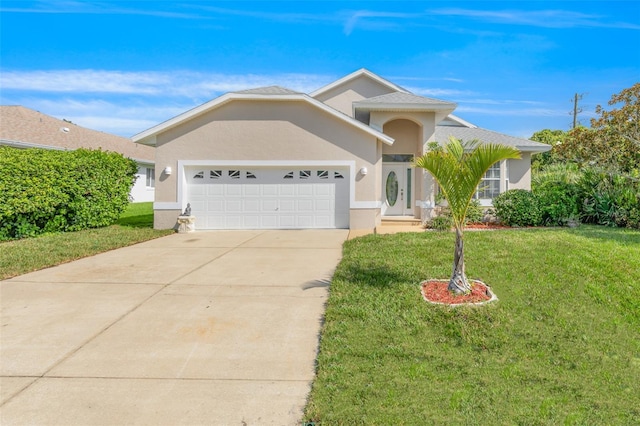 ranch-style home featuring an attached garage, concrete driveway, a front yard, and stucco siding