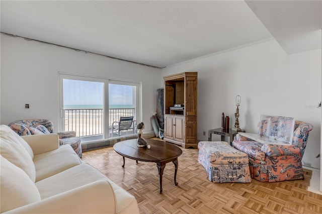 living room featuring light parquet flooring and a water view