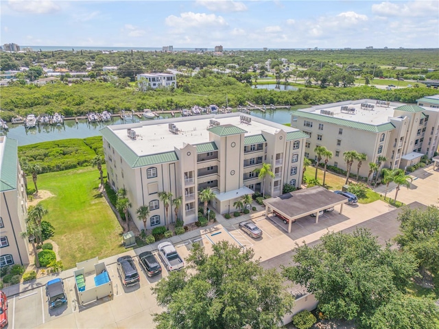 drone / aerial view with a water view