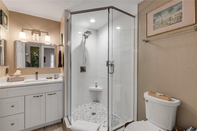 bathroom with vanity, toilet, and walk in shower