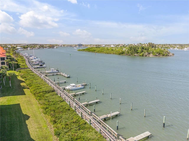 view of water feature with a boat dock