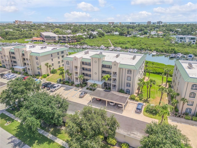 aerial view featuring a water view