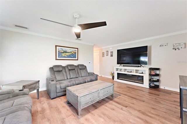 living room with crown molding and light hardwood / wood-style flooring