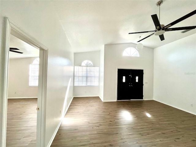 entryway featuring a textured ceiling, dark hardwood / wood-style floors, and lofted ceiling