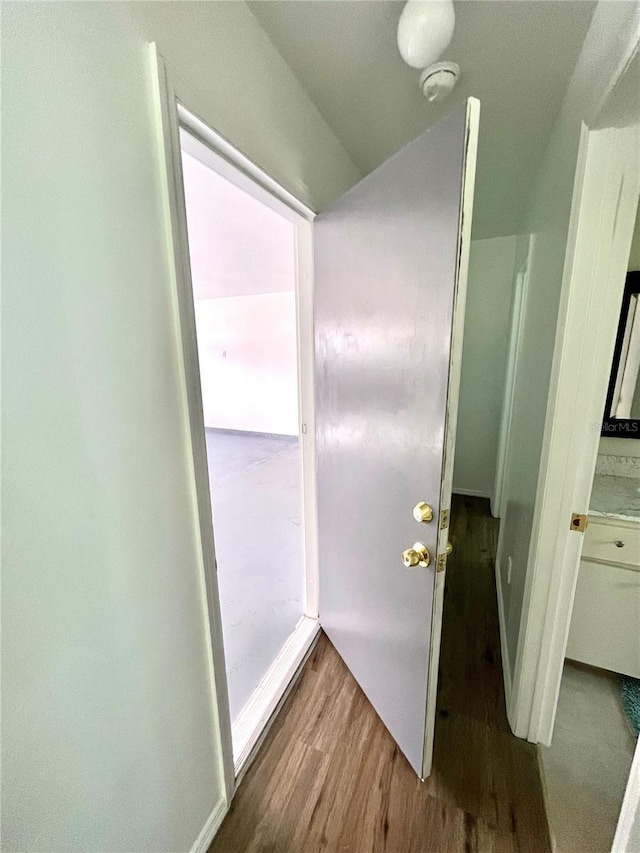 bathroom with hardwood / wood-style flooring