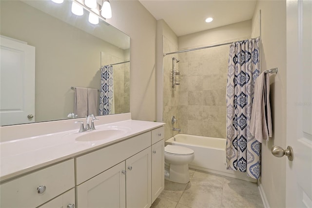 full bathroom with toilet, shower / tub combo, tile patterned flooring, and vanity