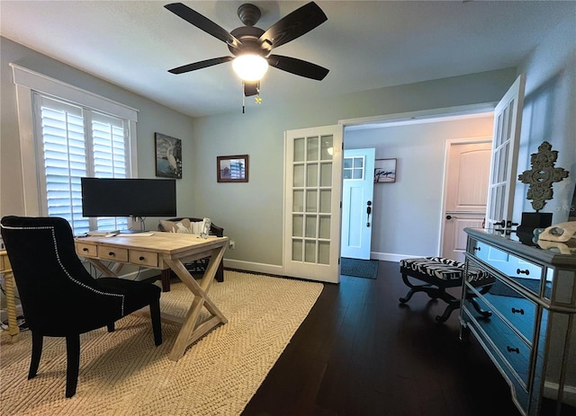 office space with ceiling fan, french doors, and hardwood / wood-style flooring