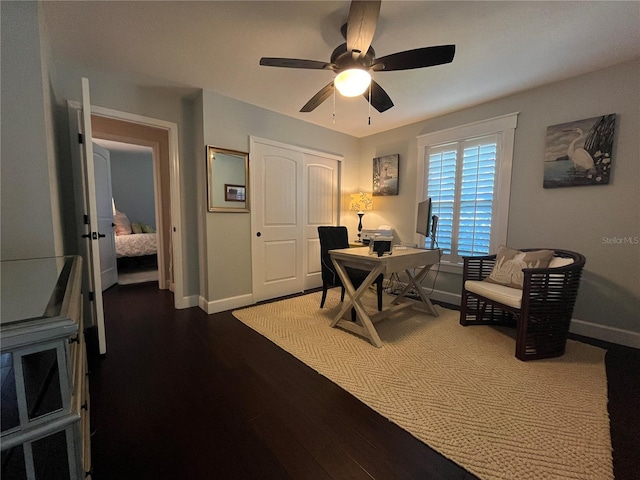 home office with ceiling fan and dark hardwood / wood-style floors